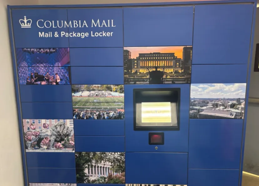package locker with Columbia Mail logo and photos of campus on the doors