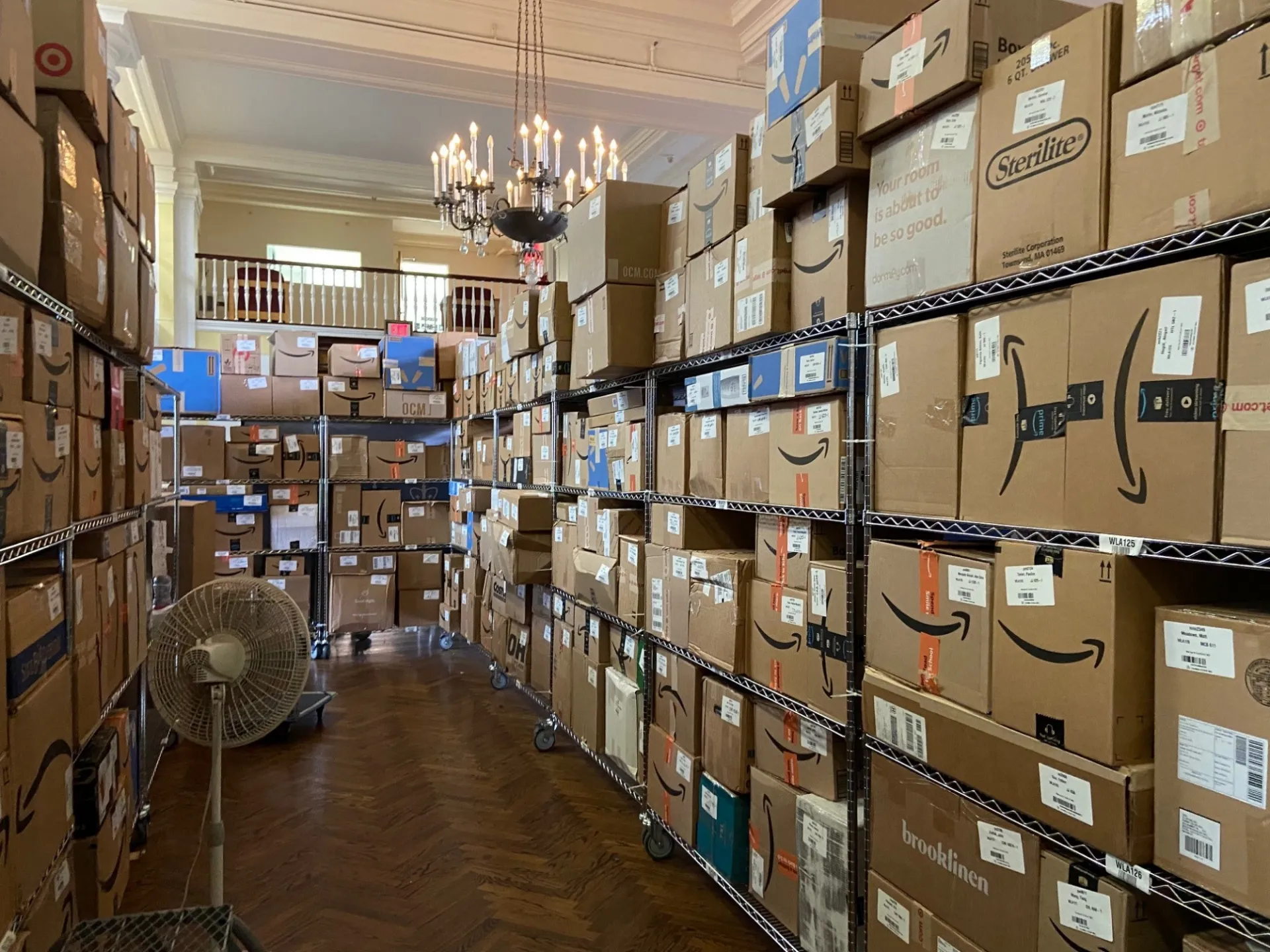 The pre-delivery program yields so many packages that satellite locations, like this one in Wien Hall, are activated for overflow storage.