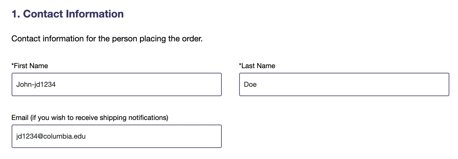 Contact information section on the covid-19 test website.