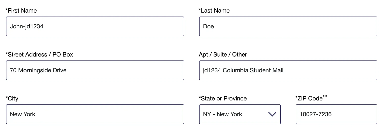 Shipping address section on the covid test ordering website.