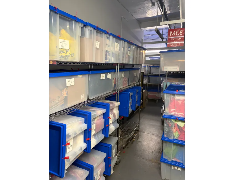 Storage bins provided by Columbia Mail hold student groups' belongings over the summer.